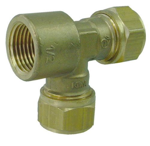 Knelkoppeling T-stuk Kiwa Gastec 22 mm x 22 mm x 1/2" bi messing